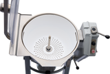 A stainless steel industrial mixing or cooking vessel, resembling a Hobart Cutter Mixer, features a 45 qt capacity with a white perforated insert, central metal post, and control panel marked HEAT and STOP. The lid is partially open to reveal the clean interior.