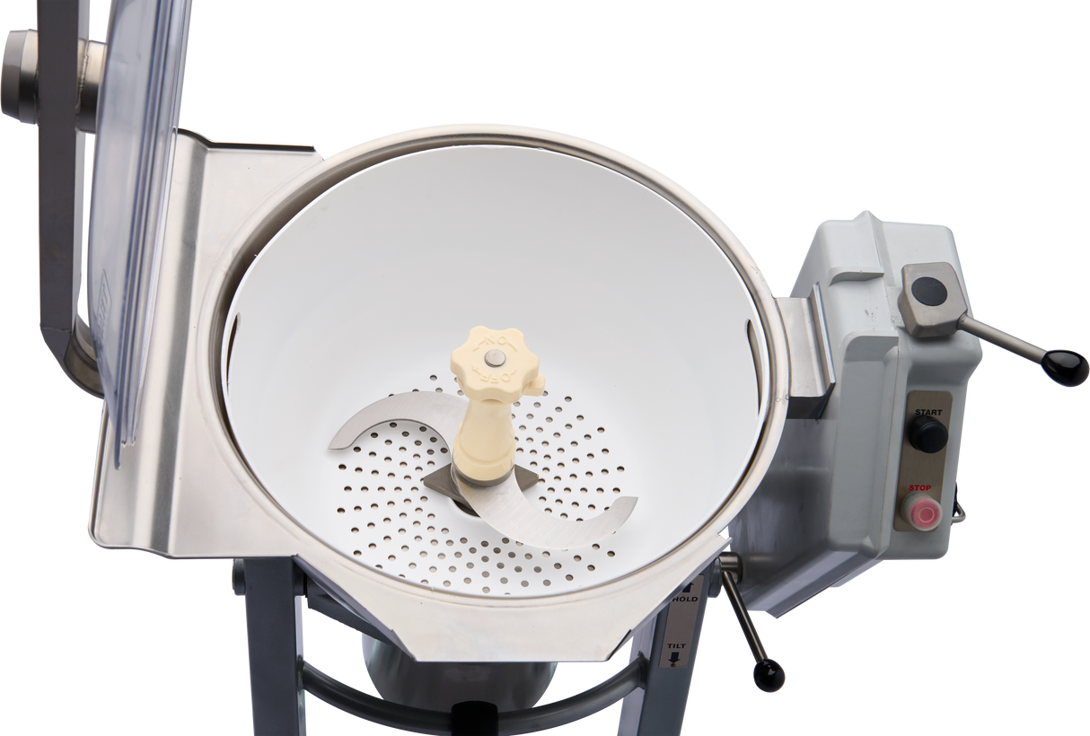A close-up of a Hobart Cutter Mixer shows an open stainless steel bowl with a white interior, a perforated bottom, a central beige handle, and two large curved blades. The control panel on the right features levers and buttons labeled Start and Stop.