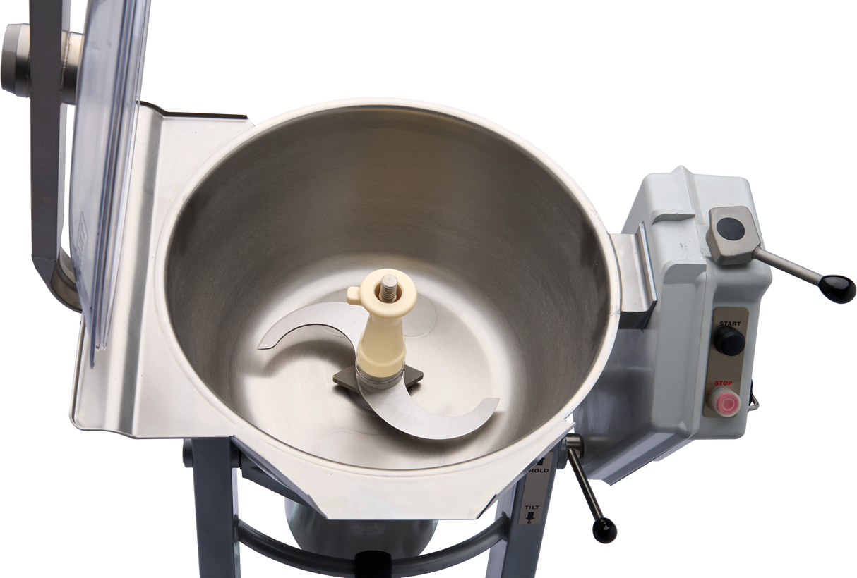 A close-up of a Hobart Cutter Mixer with a large 45 qt capacity stainless steel bowl, sharp curved blades in the center, and control buttons labeled start and stop on the attached white panel. The machine sits on a metal stand against a white background.