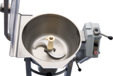 A close-up of a Hobart Cutter Mixer with a large 45 qt capacity stainless steel bowl, sharp curved blades in the center, and control buttons labeled start and stop on the attached white panel. The machine sits on a metal stand against a white background.