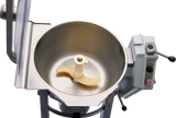 A close-up view of a Hobart Cutter Mixer with a large 45 qt capacity stainless steel bowl, a central plastic blade, and an attached control panel featuring a heat dial, power button, and lever, all set against a plain white background.