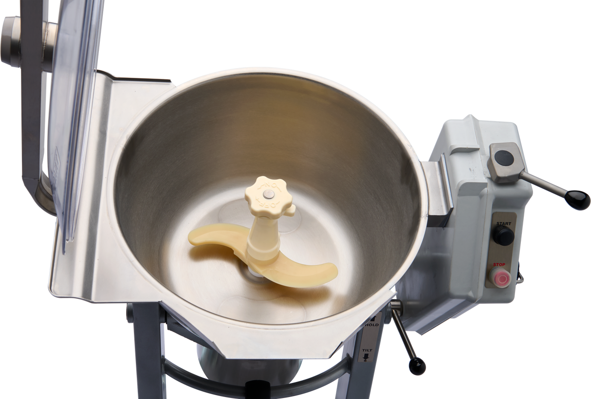 A top view of a Hobart Cutter Mixer shows a stainless steel bowl with a cream-colored plastic blade inside. The machine features a control panel with heat and stop buttons, two metal levers, and is set against a plain white background.