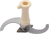 A plastic and metal food processor cutter mixer blade attachment, compatible with Hobart HCM450-20, featuring two curved, sharp stainless steel blades extending from a central beige plastic hub and square metallic base, upright on a white background.