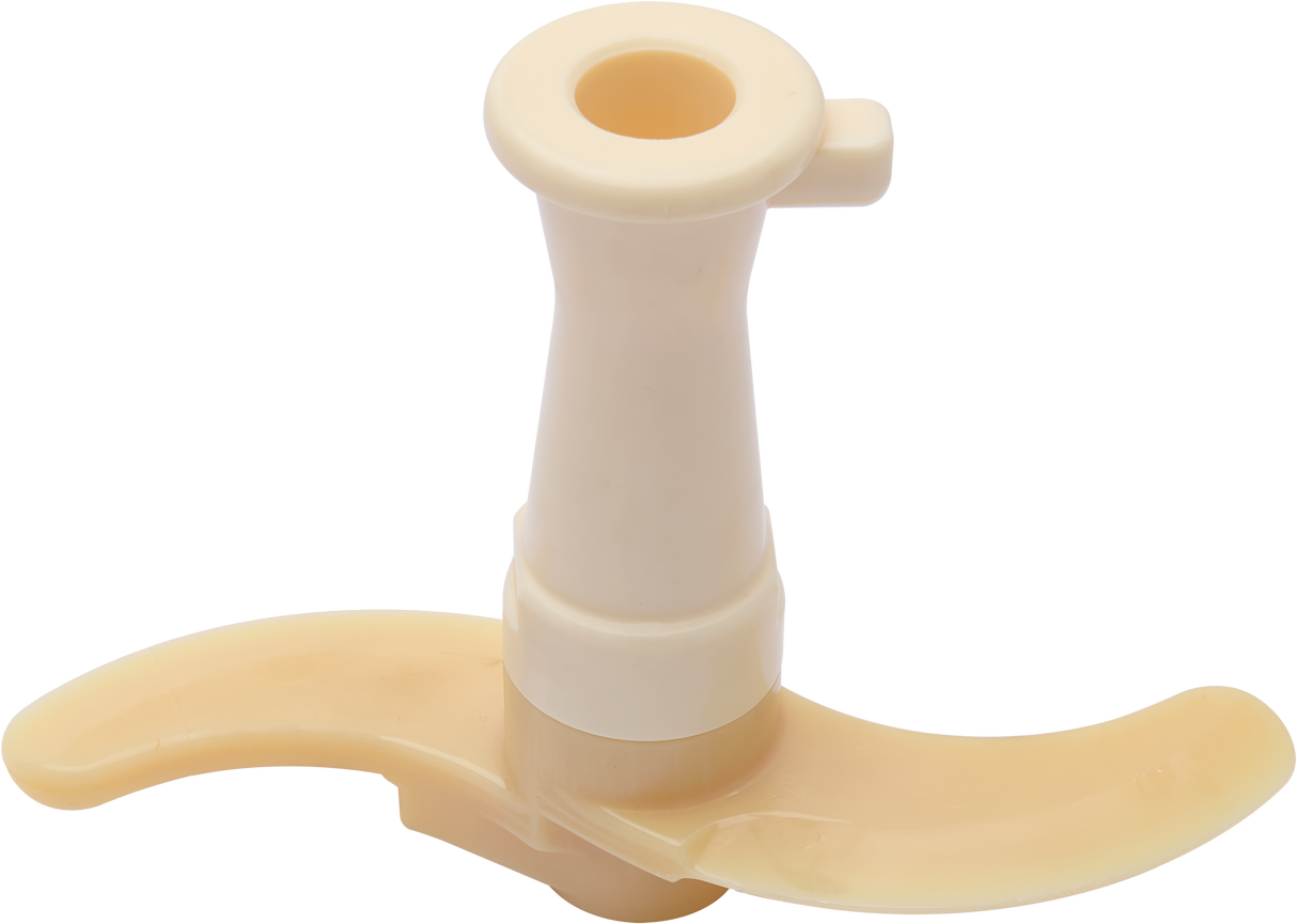 A beige plastic food processor blade attachment with two curved blades and a central cylindrical hub for connecting to a Hobart Cutter Mixer, set against a white background. Compatible with mixers featuring a stainless steel bowl.