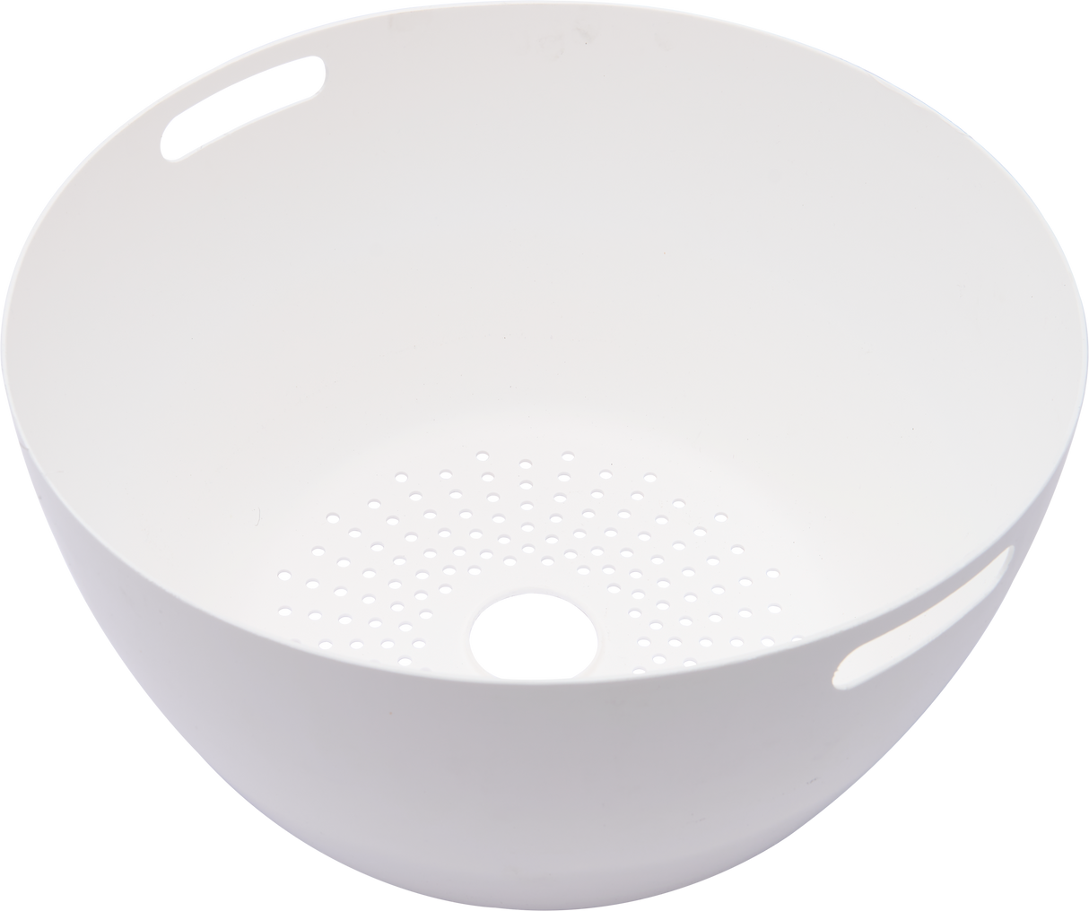 A white, round plastic bowl with a smooth surface, two oval handles on opposite sides, and small drainage holes at the center, resembling a colander. Similar in function to a stainless steel bowl used in Hobart Cutter Mixers. The bowl is empty and set against a white background.