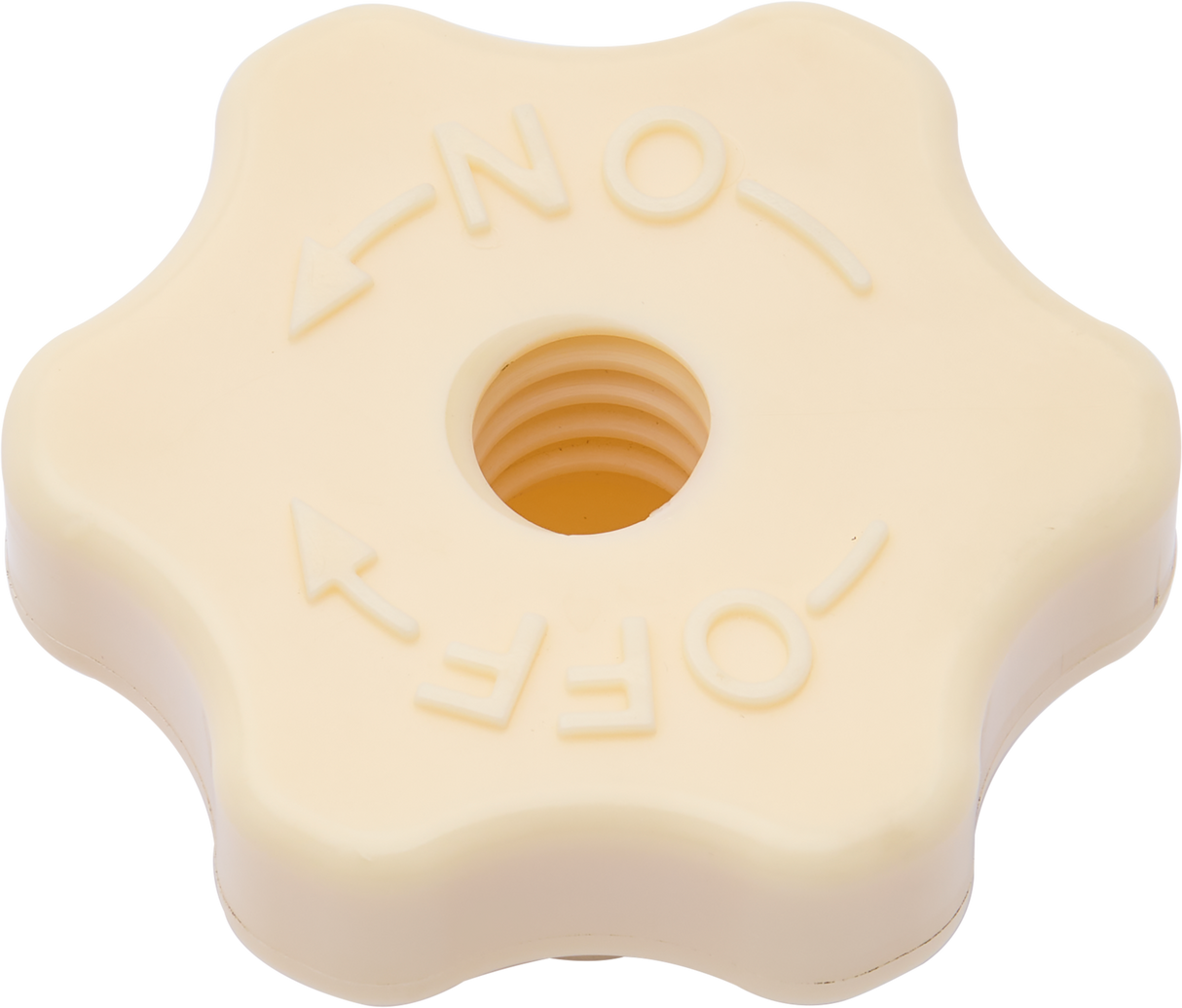 A cream-colored, round plastic knob with six rounded edges, designed for a Hobart Cutter Mixer. The top has a threaded hole in the center and raised arrows pointing OFF and ON, ideal for models with a 45 qt capacity stainless steel bowl.