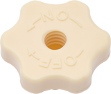 A cream-colored, round plastic knob with six rounded edges, designed for a Hobart Cutter Mixer. The top has a threaded hole in the center and raised arrows pointing OFF and ON, ideal for models with a 45 qt capacity stainless steel bowl.