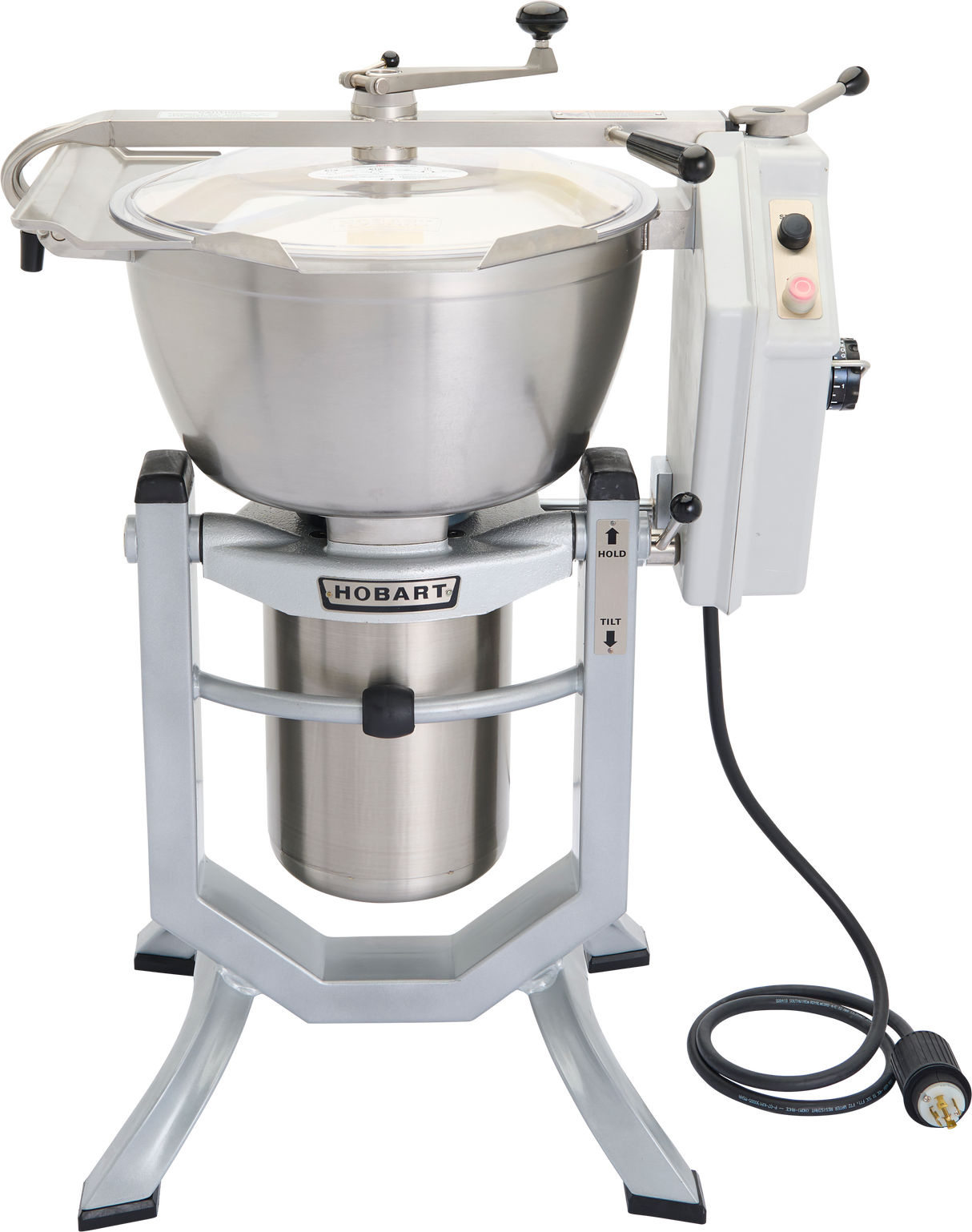 A large Hobart Cutter Mixer with a 45 qt capacity features a stainless steel bowl, transparent lid, button control panel, and black power cord coiled at the base, set on a sturdy four-legged metal stand.