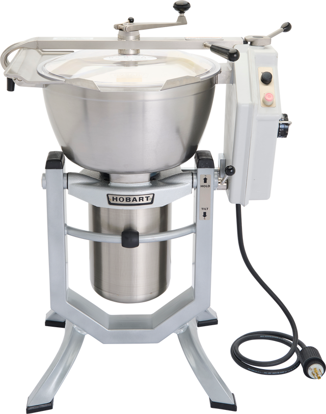 A large Hobart Cutter Mixer with a 45 qt capacity features a stainless steel bowl, transparent lid, button control panel, and black power cord coiled at the base, set on a sturdy four-legged metal stand.