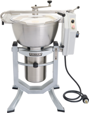 A large, industrial Hobart HCM450-3 food mixer with a stainless steel bowl, clear plastic lid, control panel with buttons and switches, side handle, sturdy metal base, and a power cord with a three-prong plug coiled at the bottom right.