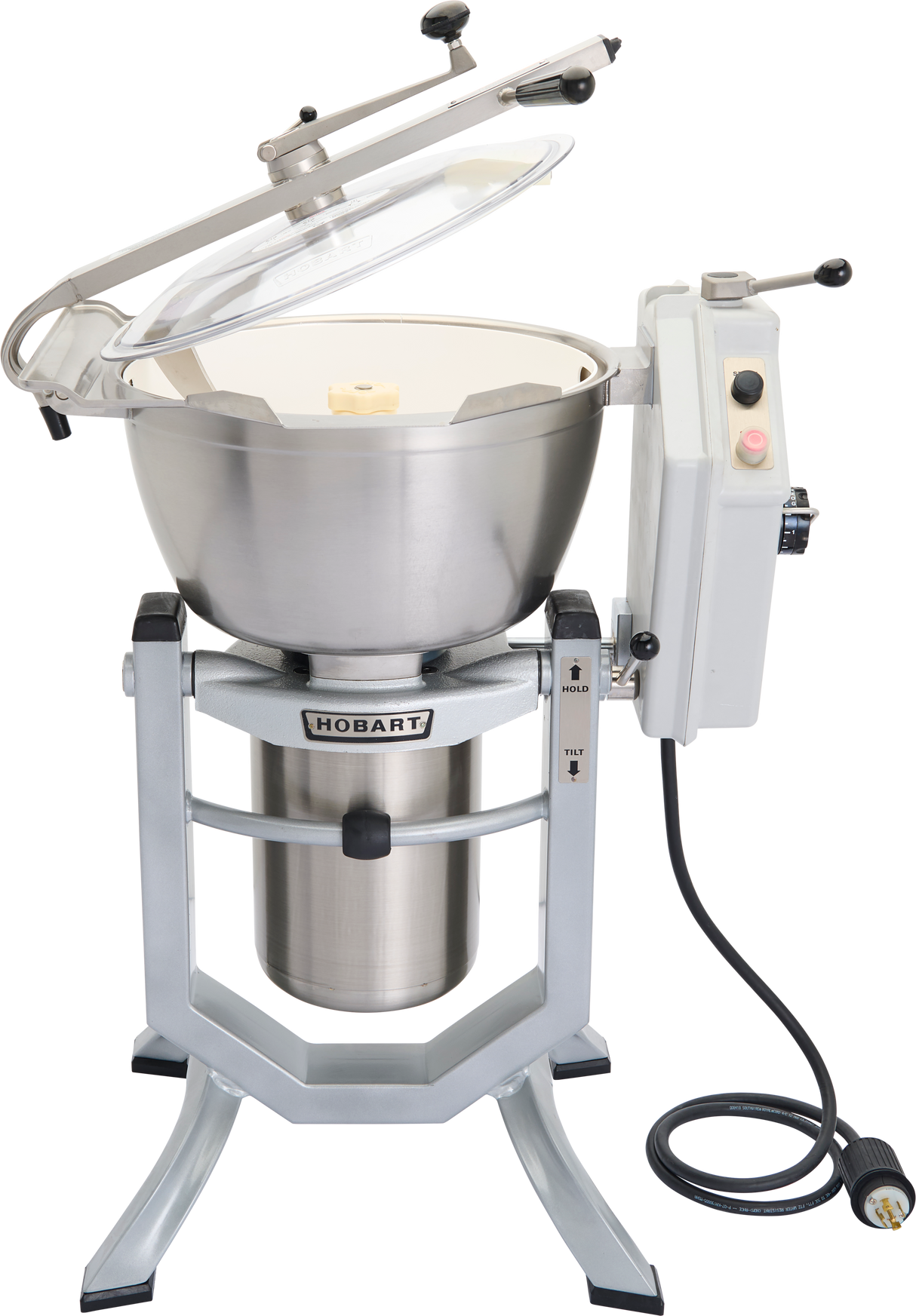 A commercial stainless steel Hobart HCM450-20 Cutter Mixer with a large mixing bowl, transparent lid, side control panel with buttons and dials, and a thick black power cord coiled at the base, stands on a sturdy metal frame.