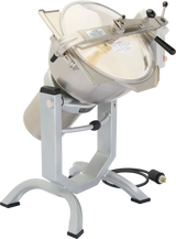A commercial Cutter Mixer food processor with a large stainless steel bowl, transparent lid, and black handle is mounted on a sturdy metal stand. An attached power cable with a three-prong plug lies beside the base. Compatible with Hobart HCM450 mix attachment.