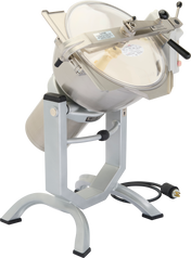 A commercial Cutter Mixer food processor with a large stainless steel bowl, transparent lid, and black handle is mounted on a sturdy metal stand. An attached power cable with a three-prong plug lies beside the base. Compatible with Hobart HCM450 mix attachment.