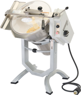 A large, industrial Hobart HCM450 Cutter Mixer food processor with a tilted metal bowl, transparent lid, control panel with switches, black power cord, and sturdy silver stand—perfect for heavy-duty kitchen use.