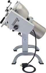 A Hobart Cutter Mixer with a tilted stainless steel bowl, control knobs, and sturdy gray metal stand. The 45 qt capacity machine has a thick black power cord and is photographed clean on a plain white background.