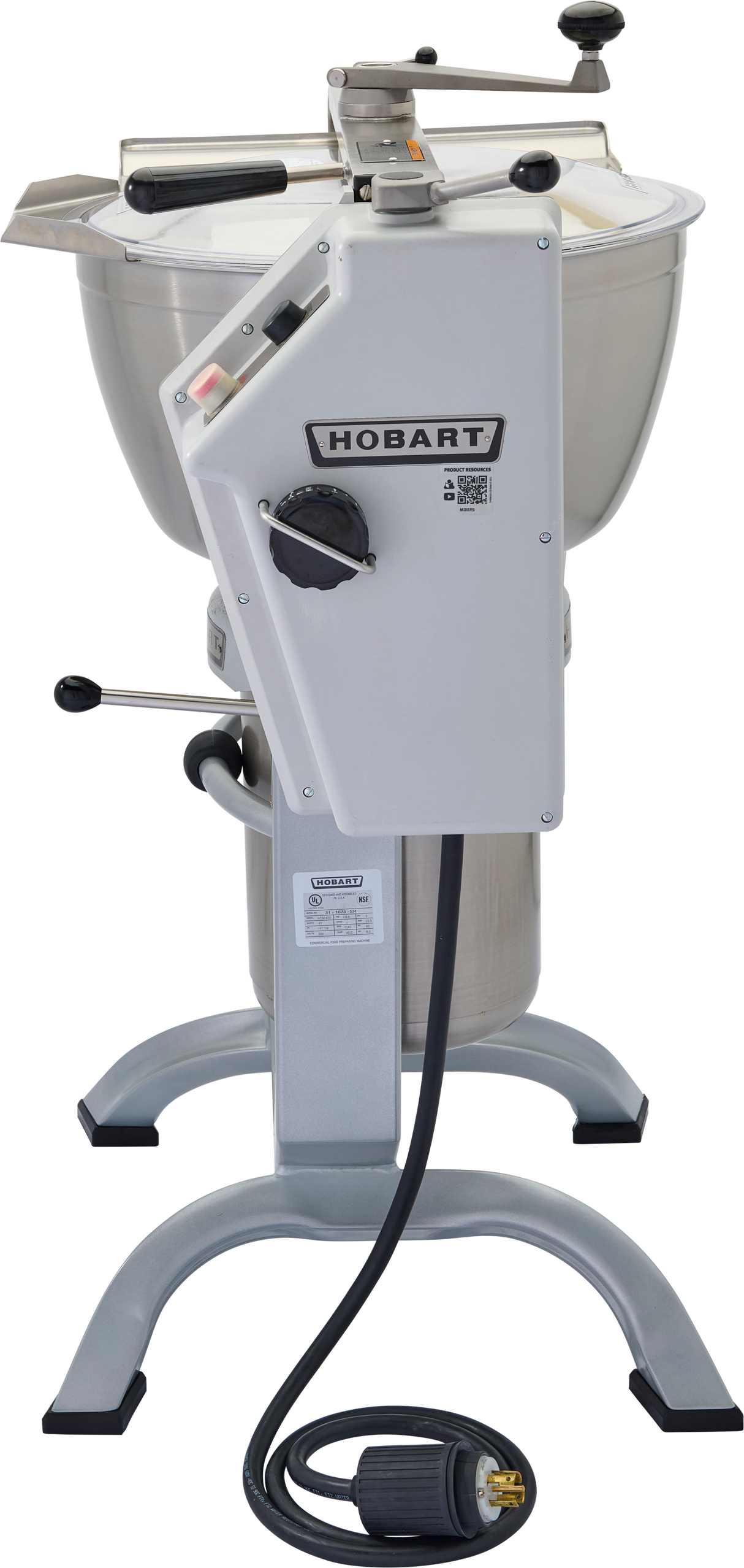 A commercial Hobart Cutter Mixer with a large, raised stainless steel bowl, various control knobs, a handle, and a visible power cord stands on sturdy metal legs. The Hobart logo is prominently displayed on the front. Features 45 qt capacity.