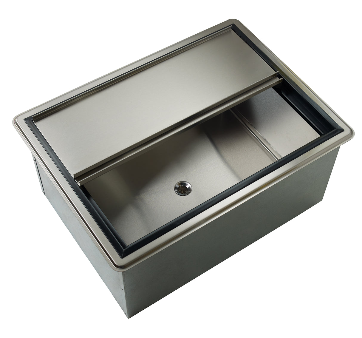 A modern, rectangular stainless steel ice bin with a sliding lid partially open, revealing an inner compartment and central drain. The drop-in ice bin features a smooth metallic finish and is framed by a black rubber seal around the top edge.