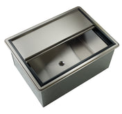 A modern, rectangular stainless steel ice bin with a sliding lid partially open, revealing an inner compartment and central drain. The drop-in ice bin features a smooth metallic finish and is framed by a black rubber seal around the top edge.