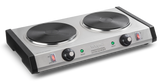 A heavy-duty stainless steel double electric hot plate with cast iron burner plates; each black burner has its own control knob, power light, and “Ready” indicator. The unit features black plastic sides and the Waring brand on the front panel.