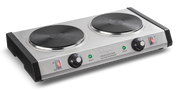 A heavy-duty stainless steel double electric hot plate with cast iron burner plates; each black burner has its own control knob, power light, and “Ready” indicator. The unit features black plastic sides and the Waring brand on the front panel.