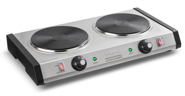 A heavy-duty stainless steel double electric hot plate with cast iron burner plates; each black burner has its own control knob, power light, and “Ready” indicator. The unit features black plastic sides and the Waring brand on the front panel.