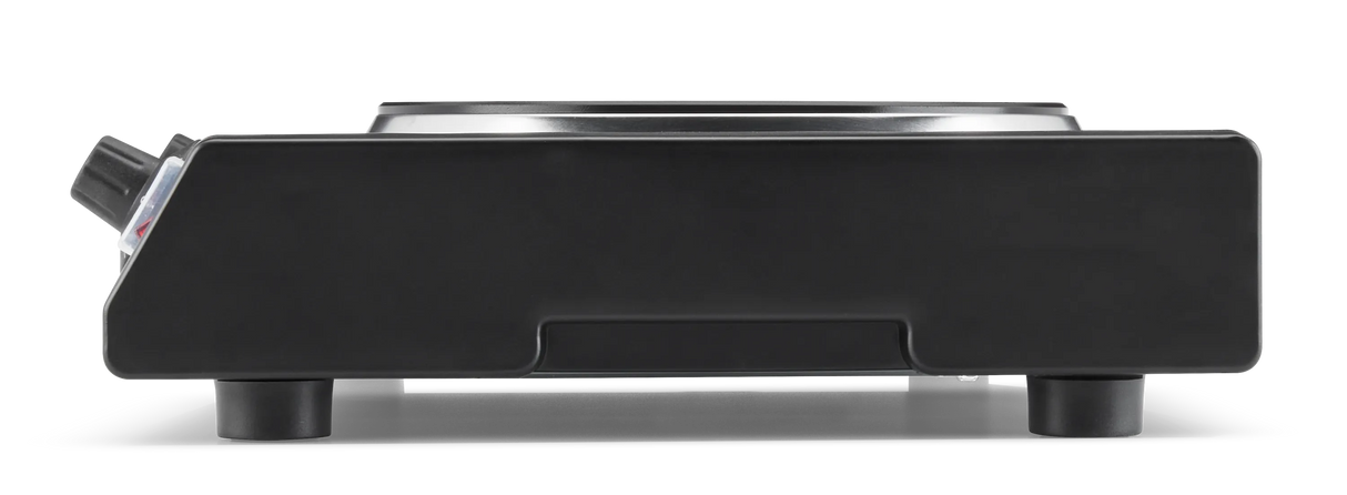 A black cast iron burner electric hot plate is shown from the front. It has a round metal burner on top, a single control knob on the left side, and stands on two short cylindrical legs. The design is simple and compact.
