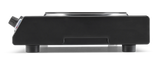 A black cast iron burner electric hot plate is shown from the front. It has a round metal burner on top, a single control knob on the left side, and stands on two short cylindrical legs. The design is simple and compact.