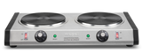 A heavy-duty stainless steel double-burner electric hot plate features two black cast iron burner plates, control knobs, and separate power switches. Each burner has a "Ready" indicator light. The front reads Waring Professional Extra Burner.