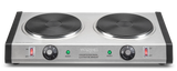 A heavy-duty stainless steel double-burner electric hot plate with two black cast iron burner plates, control knobs for heat settings, indicator lights, and “Waring Professional Extra Burner” labeled on the front panel.
