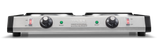 A stainless steel Waring Professional Double Burner with cast iron burner plates, dual power knobs, labeled “READY” lights above each knob, and red ON/OFF switches with indicators on both sides. The brand name is centered on the front panel.