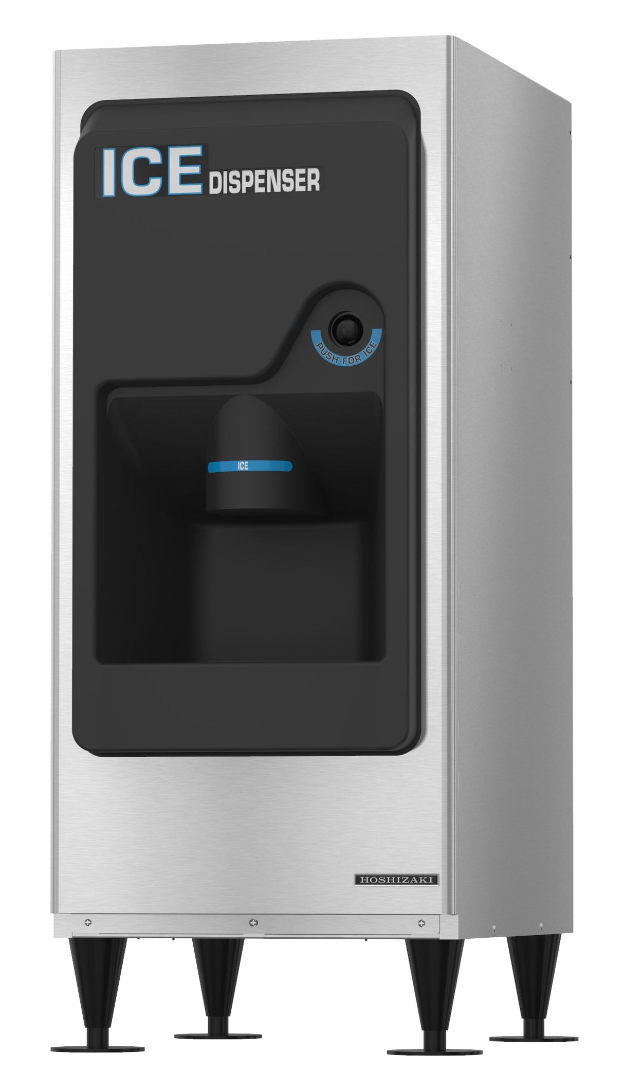 A stainless steel commercial Ice Dispenser with black front panel, labeled “ICE DISPENSER,” featuring a dispensing chute and blue accent button. This ADA compliant unit stands on four black legs and offers a modern, boxy design.