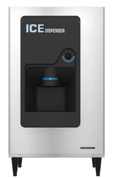 Front view of a modern, ADA compliant Ice Dispenser with a stainless steel body, black dispensing area, and "ICE DISPENSER" in bold white and blue letters above the slot. Features 200-lb. storage and four black legs at the bottom.