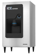 A commercial stainless steel Ice Dispenser with ADA compliant features, a black front panel labeled ICE DISPENSER in white and blue text. The modern unit has a center ice chute, stands on four legs, and offers functional design.