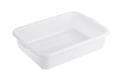 A plain, rectangular white plastic storage bin made of high density polyethylene with slightly outward-sloping sides and rounded corners, shown on a white background. The bin is empty and has smooth surfaces with no visible handles or markings.
