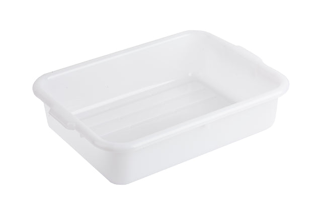A plain, rectangular white plastic storage bin made of high density polyethylene with slightly outward-sloping sides and rounded corners, shown on a white background. The bin is empty and has smooth surfaces with no visible handles or markings.