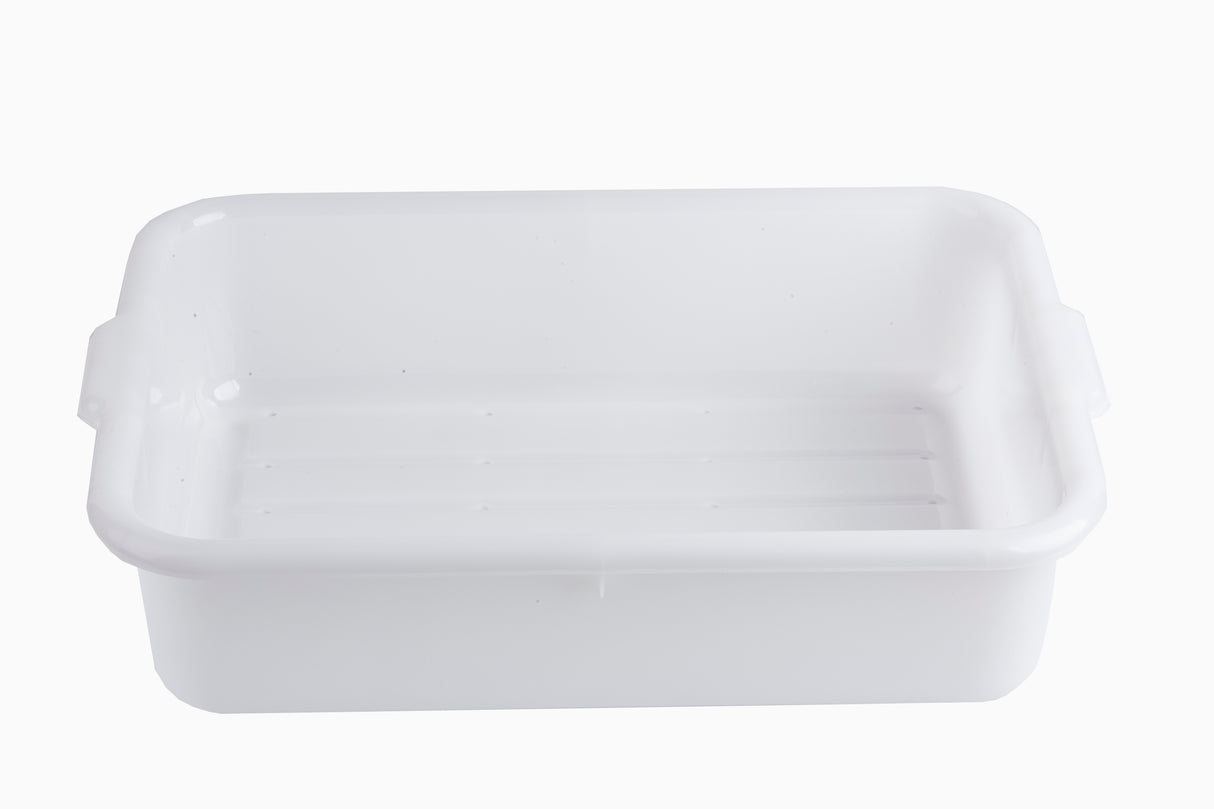 A white, rectangular high density polyethylene container with slightly rounded corners and short sides. It features a small handle on each end and a ridged interior base. The background is plain white.