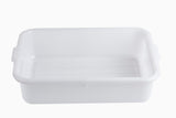 A white, rectangular high density polyethylene container with slightly rounded corners and short sides. It features a small handle on each end and a ridged interior base. The background is plain white.