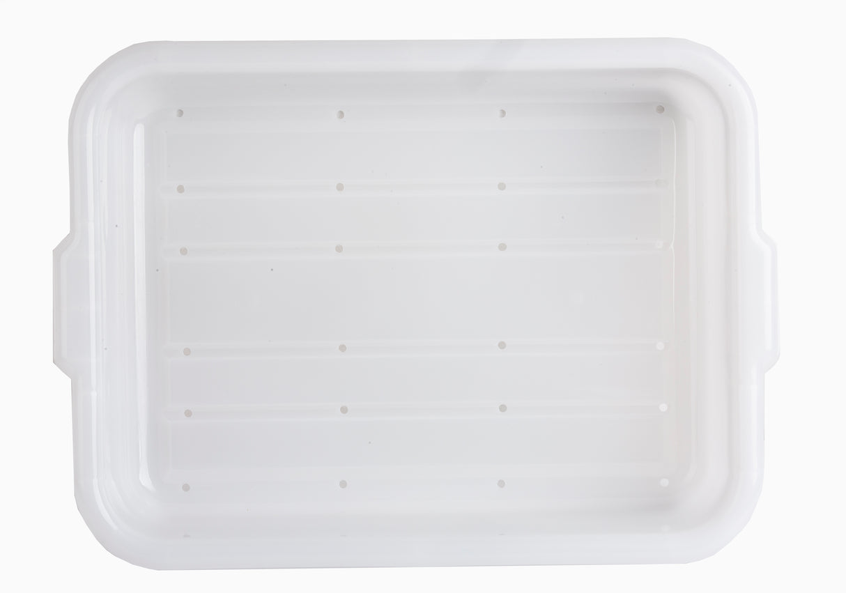 A white, rectangular plastic tray made of high density polyethylene with raised edges and small circular holes in rows on the bottom. The tray has side handles, a smooth glossy finish, and is ideal as a freezer drain box. Background is completely white.