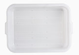 A white, rectangular plastic tray made of high density polyethylene with raised edges and small circular holes in rows on the bottom. The tray has side handles, a smooth glossy finish, and is ideal as a freezer drain box. Background is completely white.