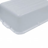 A close-up of a large, white, rectangular plastic container lid made from high density polyethylene with rounded edges and subtle ribbed lines. The glossy lid, ideal for a Freezer Drain Box, is photographed against a plain white background.