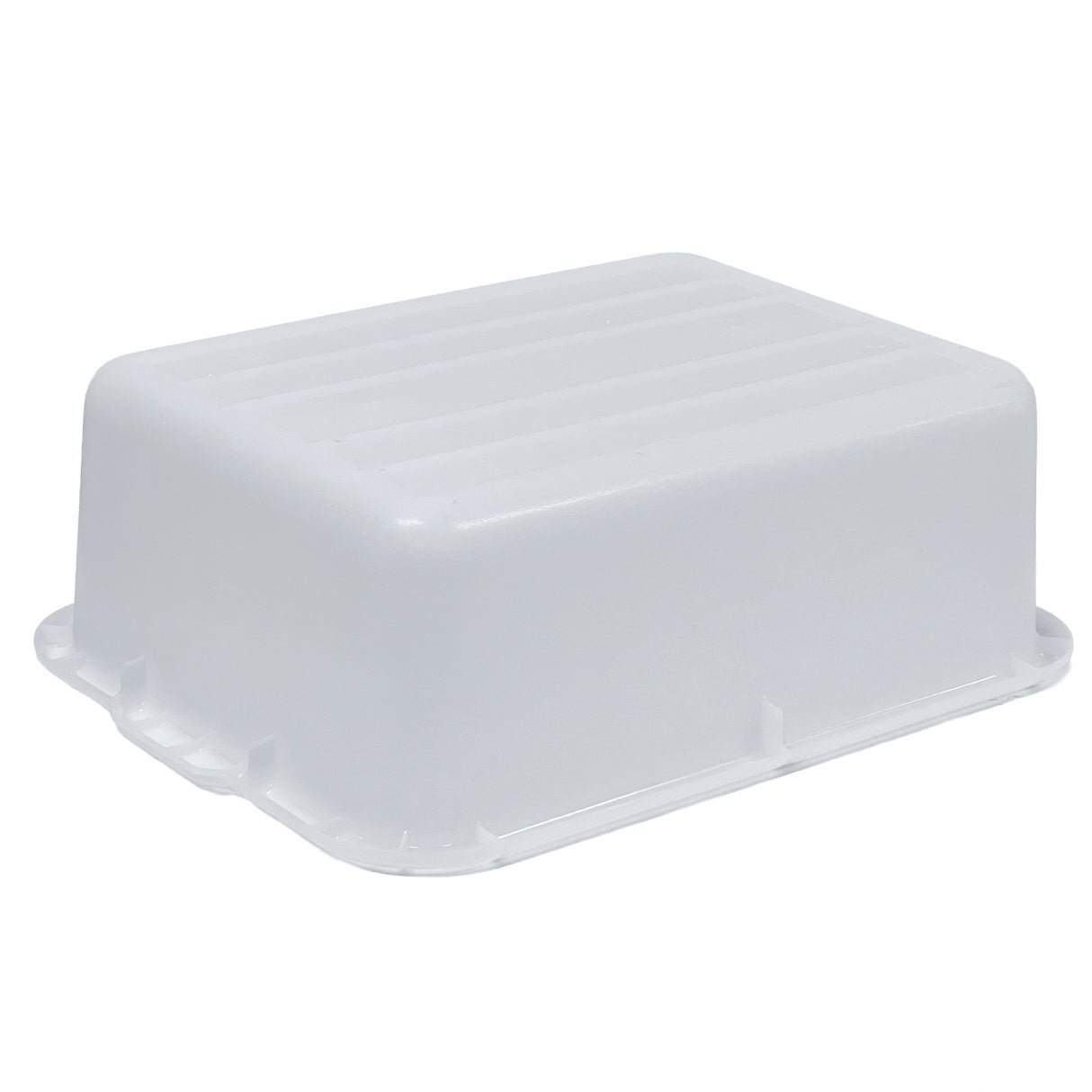 A translucent, rectangular plastic container lid made of high density polyethylene with a slightly raised, ridged top and rounded edges. The milky white NSF approved lid features small protruding tabs along the sides for secure attachment.