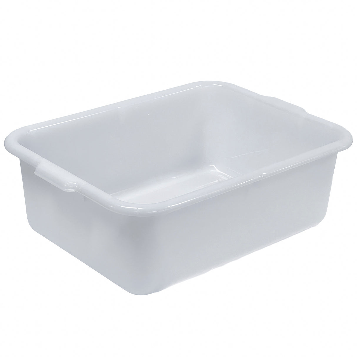 A plain, rectangular white plastic tub made of high density polyethylene with rounded corners and slightly flared sides. Small handles are integrated into the rim on each short side. The background is white and uncluttered.