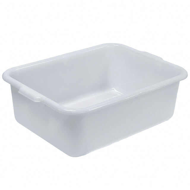 A plain, rectangular white plastic tub made of high density polyethylene with rounded corners and slightly flared sides. Small handles are integrated into the rim on each short side. The background is white and uncluttered.