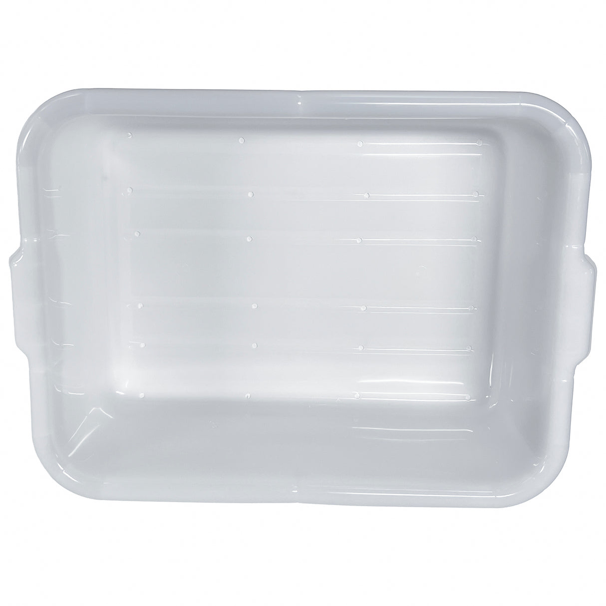 A rectangular, white plastic bin with rounded corners, made from high density polyethylene. Smooth with subtle horizontal lines, it features molded handles for gripping. NSF approved and ideal as a freezer drain box; the interior is clean and empty.
