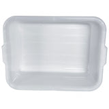 A rectangular, white plastic bin with rounded corners, made from high density polyethylene. Smooth with subtle horizontal lines, it features molded handles for gripping. NSF approved and ideal as a freezer drain box; the interior is clean and empty.