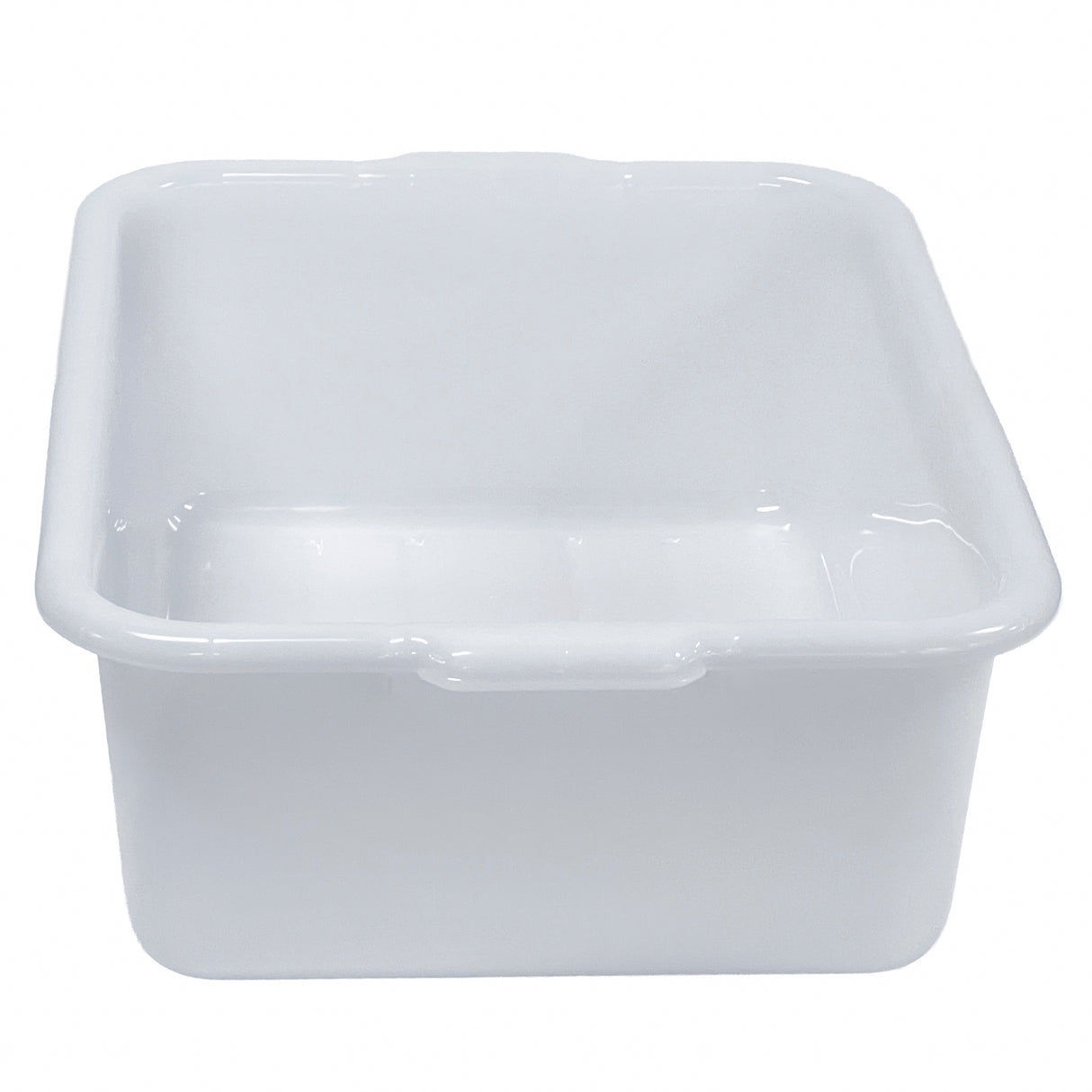 A white, square plastic tub with rounded edges and a smooth surface, shown empty against a plain white background. Made from high density polyethylene, this glossy NSF approved Freezer Drain Box is ideal for safe food storage.