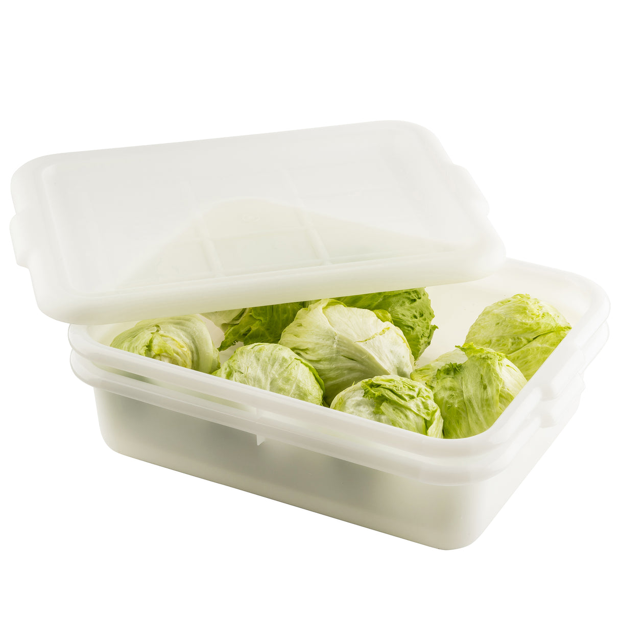 A white high density polyethylene food storage container with a partially open lid holds several small heads of crisp green lettuce. The dishwasher safe container sits on a white background, showcasing the freshness of the tightly packed leaves.