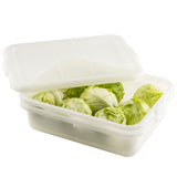 A white high density polyethylene food storage container with a partially open lid holds several small heads of crisp green lettuce. The dishwasher safe container sits on a white background, showcasing the freshness of the tightly packed leaves.