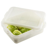 A white plastic Freezer Drain Box made from high density polyethylene, with a partially open grid-patterned lid, reveals several green lettuce heads inside. The container is set against a white background and is dishwasher safe.