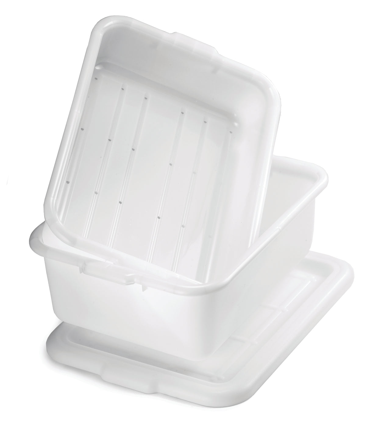 Two white rectangular NSF storage containers made of high density polyethylene are stacked askew, one angled inside the other. A matching white lid lies flat beneath them. The containers feature smooth sides and slightly rounded edges.